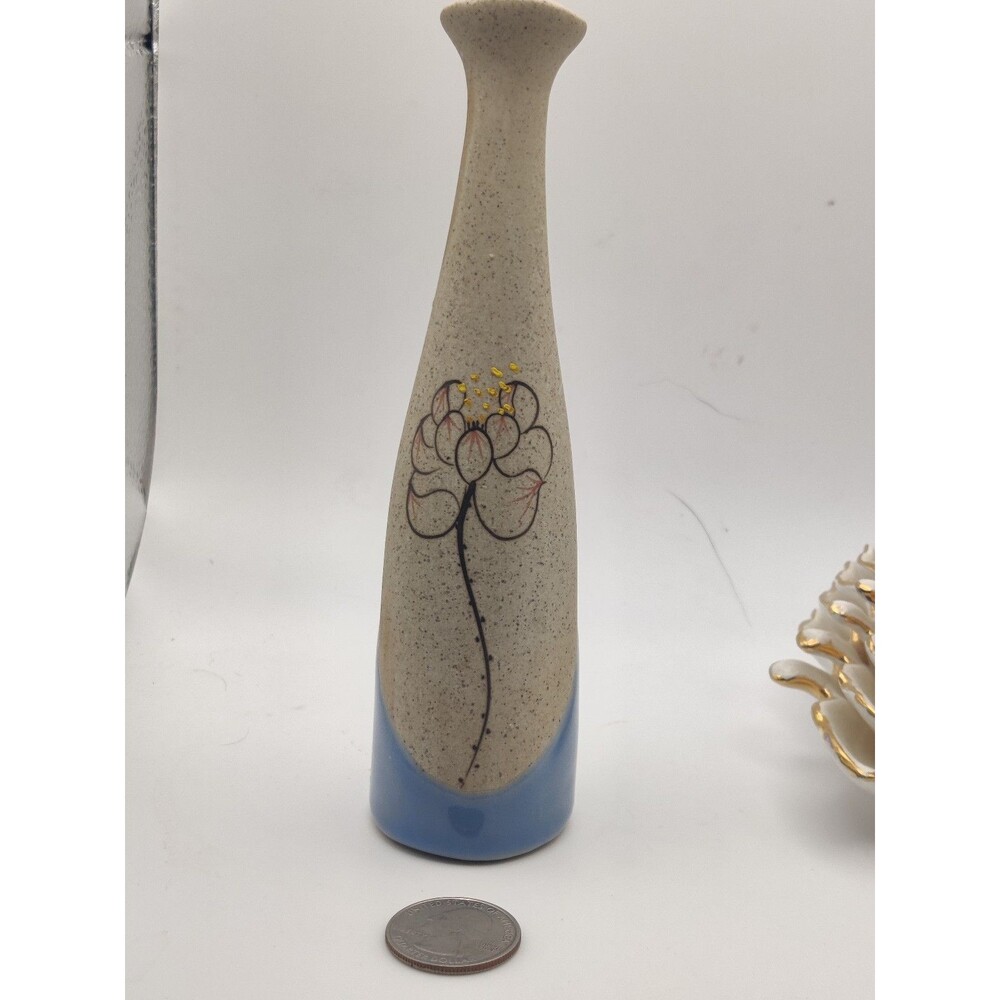 Vintage Mid Century Speckled Stoneware Bud Vase Blue Lily Flower Motif